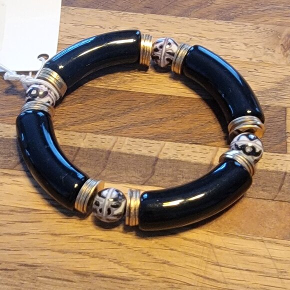 Meghan Browne Style GALA GB Black/Gold/White Chunky Stretch Resin Bead Bracelet - Picture 2 of 11